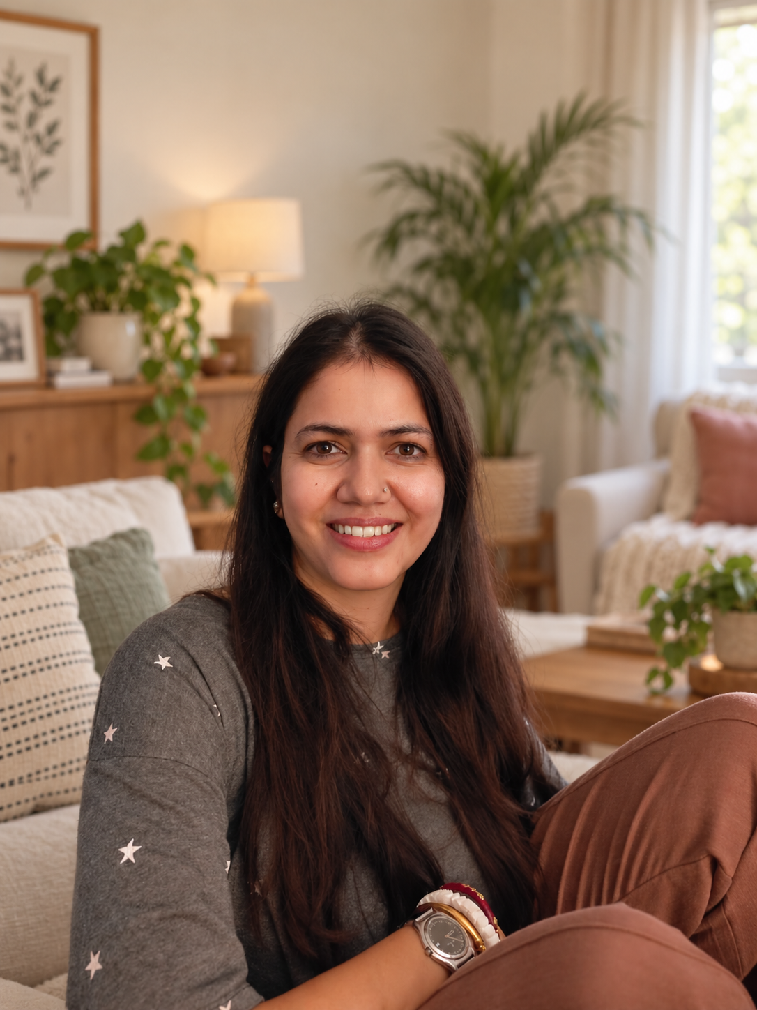 Namita smiling in a warm living room, with an edited home background